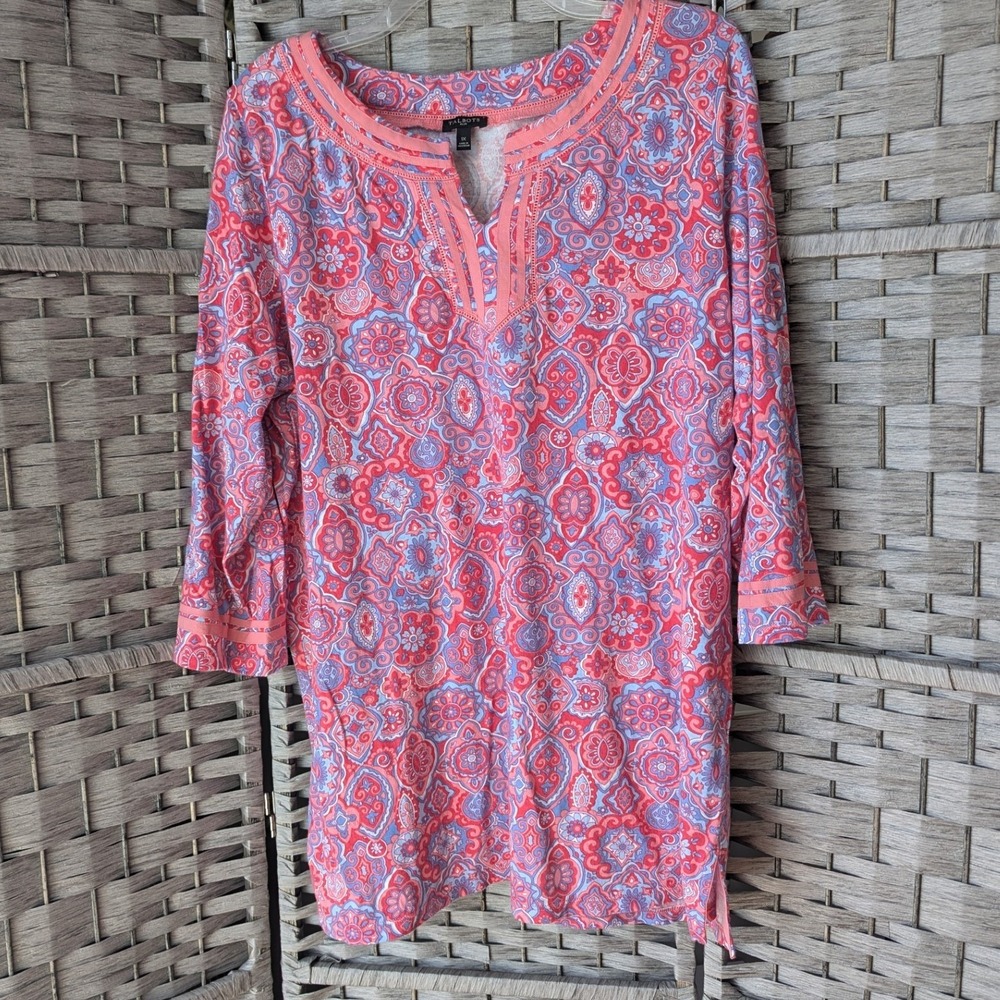 Talbots Plus Tunic Top Coral Paisley Medallion Split‎ Neck Women 1X Pima Cotton